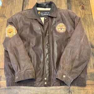 Salt Lake 2002 Winter Olympics Leather Bomber Jacket Brown Mens 2XL Vintage 00s